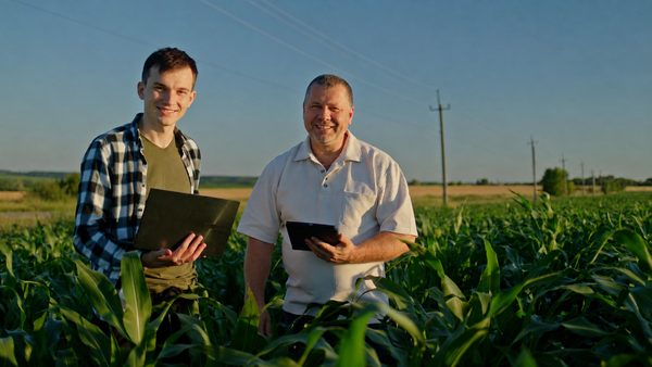 Dos productores revisando un lote a campo