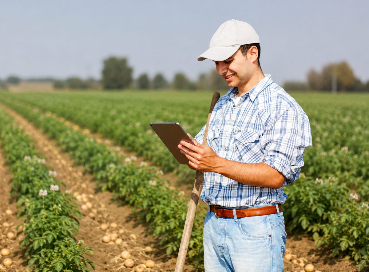 Productor cargando su lote desde una tablet, a campo